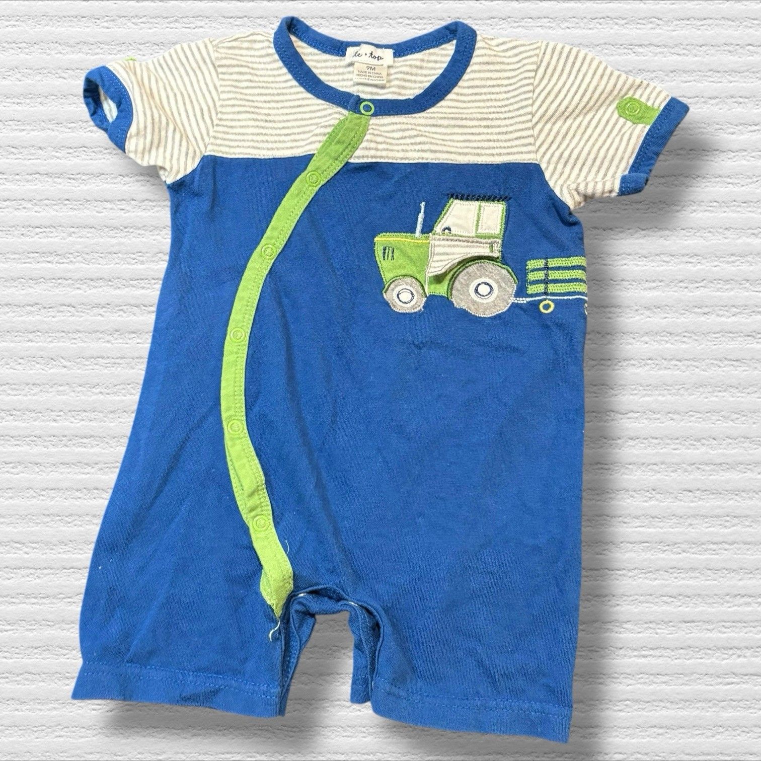 Le Top Lift Flap Romper Tractor Chicken Applique Blue & Green 9 Months